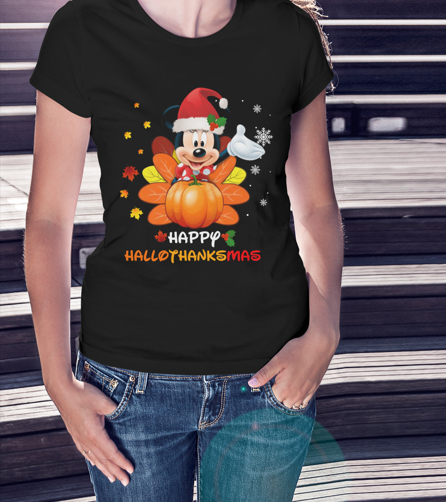 Happy Minnie HalloThanksMas Pumpkin Santa Hat Leaves Snowflakes T-Shirt