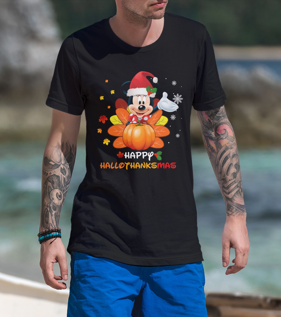 Happy Minnie HalloThanksMas Pumpkin Santa Hat Leaves Snowflakes T-Shirt