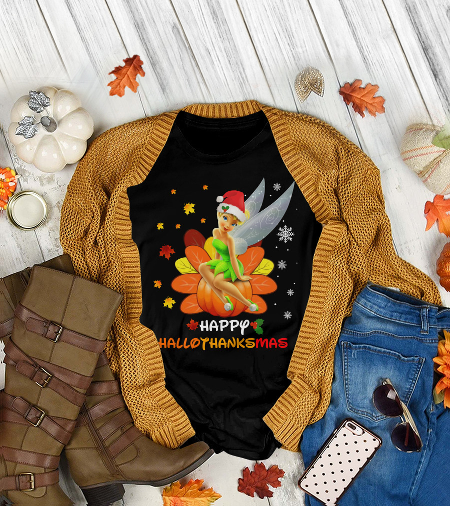 Tinkerbell Happy HalloThanksMas Pumpkin Santa Hat Snowflakes T-Shirt