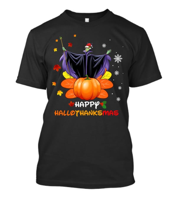 Happy Hallothanksmas Maleficent With Pumpkin And Santa Hat T-Shirt