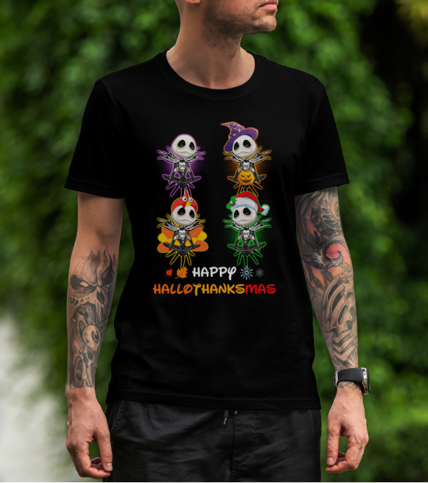 Happy HalloThanksMas Jack Halloween Thanksgiving Christmas T-Shirt