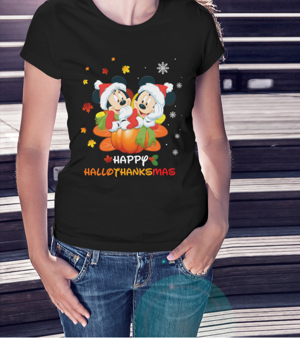 Mickey Happy HalloThanksMas Pumpkin Leaves Snowflakes T-Shirt