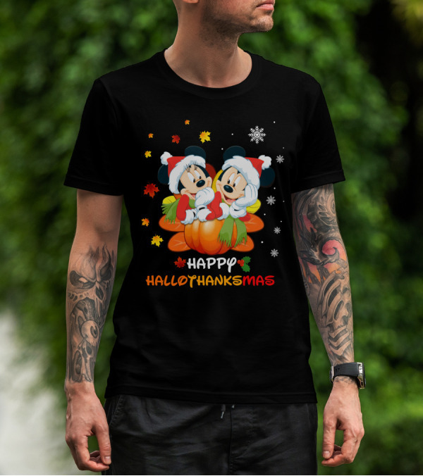 Mickey Happy HalloThanksMas Pumpkin Leaves Snowflakes T-Shirt