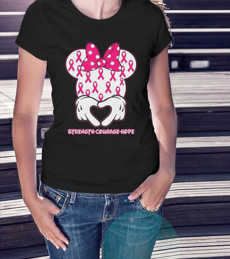 Strength Courage Hope Pink Ribbon Minnie Ears Hands Heart T-Shirt