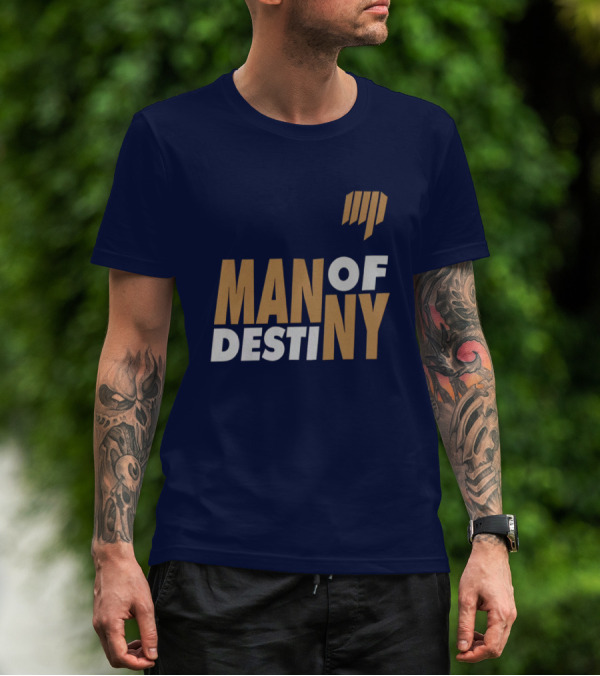 Man Of Destiny Blue And Gold Text With Vertical Stripe T-Shirt