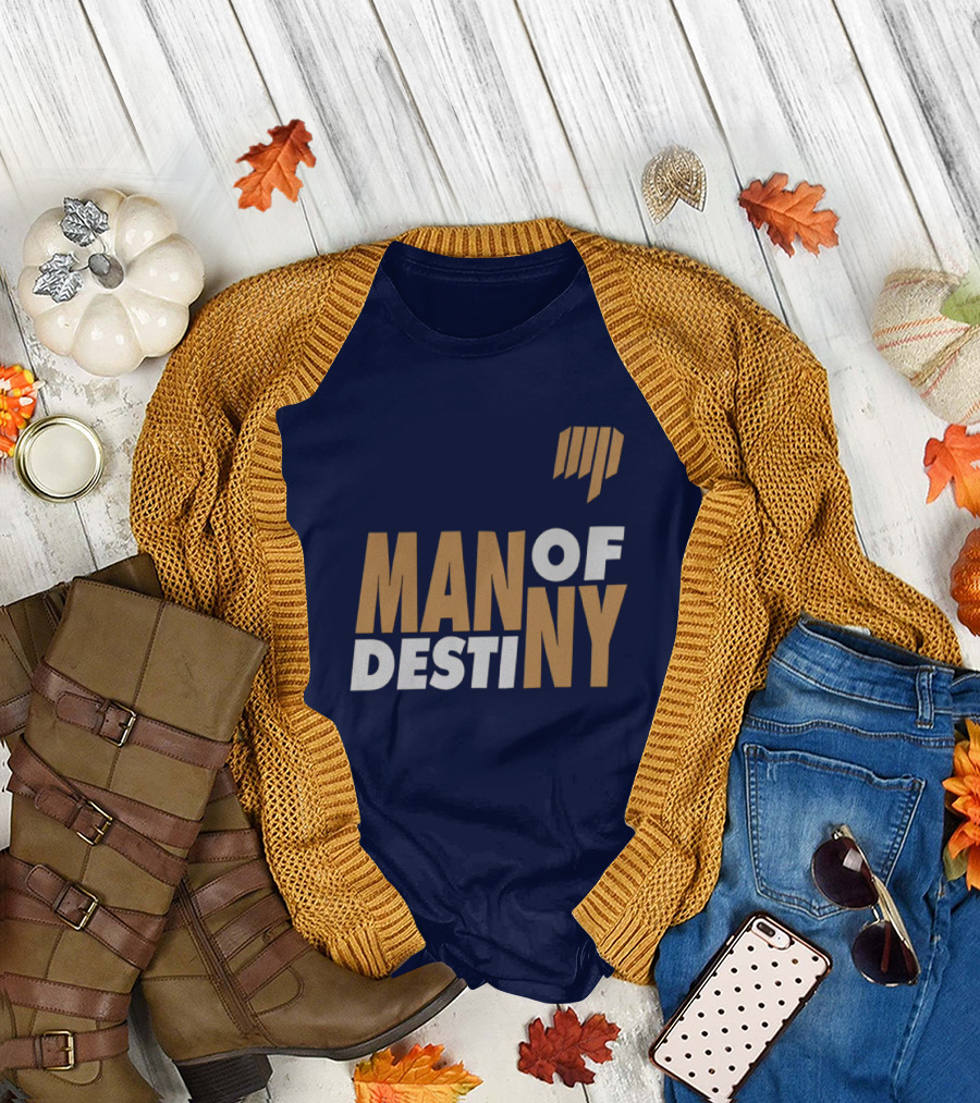 Man of Destiny Blue and Gold Text with Vertical Stripe T-Shirt