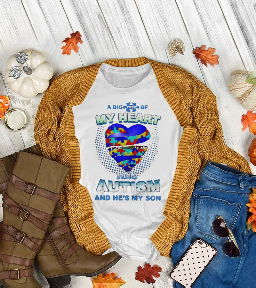 A Big Piece of My Heart Has Autism and He's My Son Puzzle Heart T-Shirt