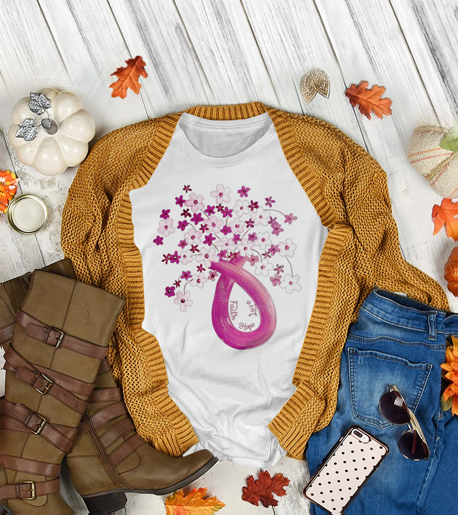 Faith Hope Love Pink Ribbon Flower Bouquet T-Shirt