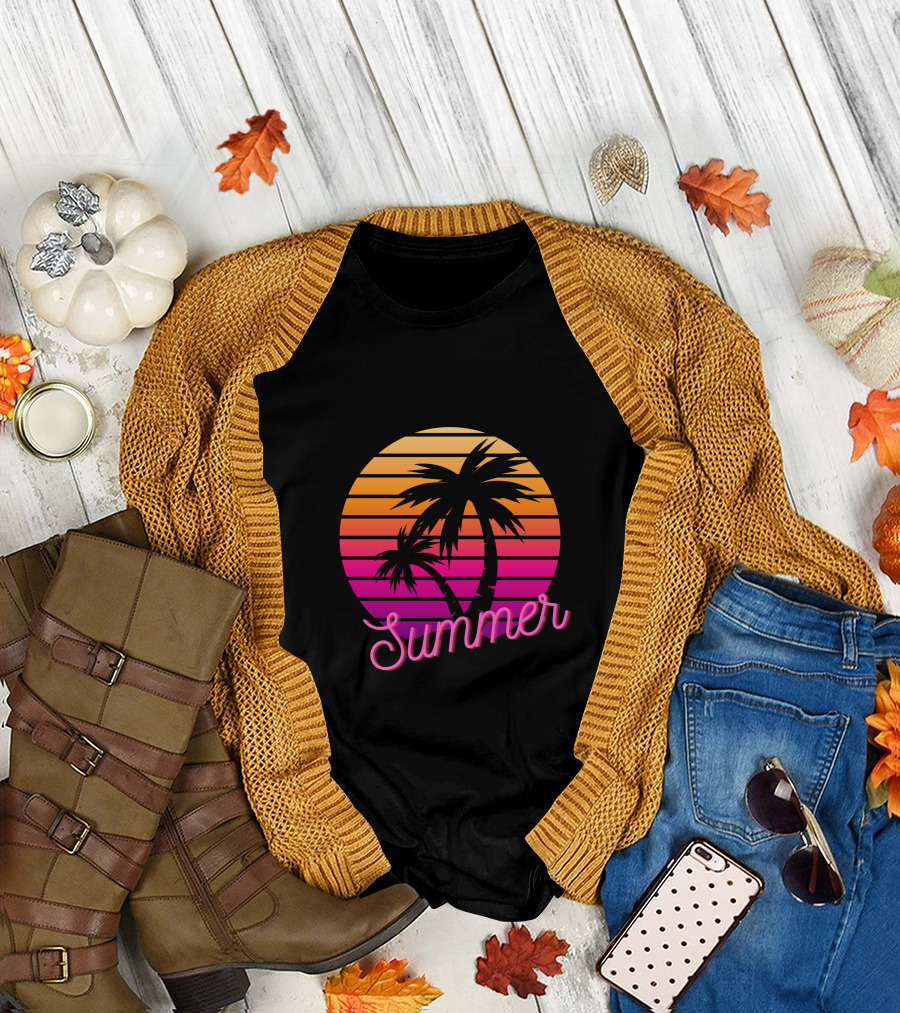Summer Sunset Palm Trees Vintage Retro T-Shirt