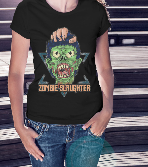 ZOMBIE SLAUGHTER Gruesome Green Undead Face In Hand Triangular Frame T-Shirt