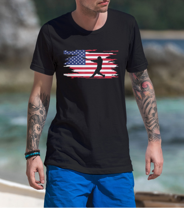 American Flag Baseball Player Silhouette Patriotic Sports T-Shirt