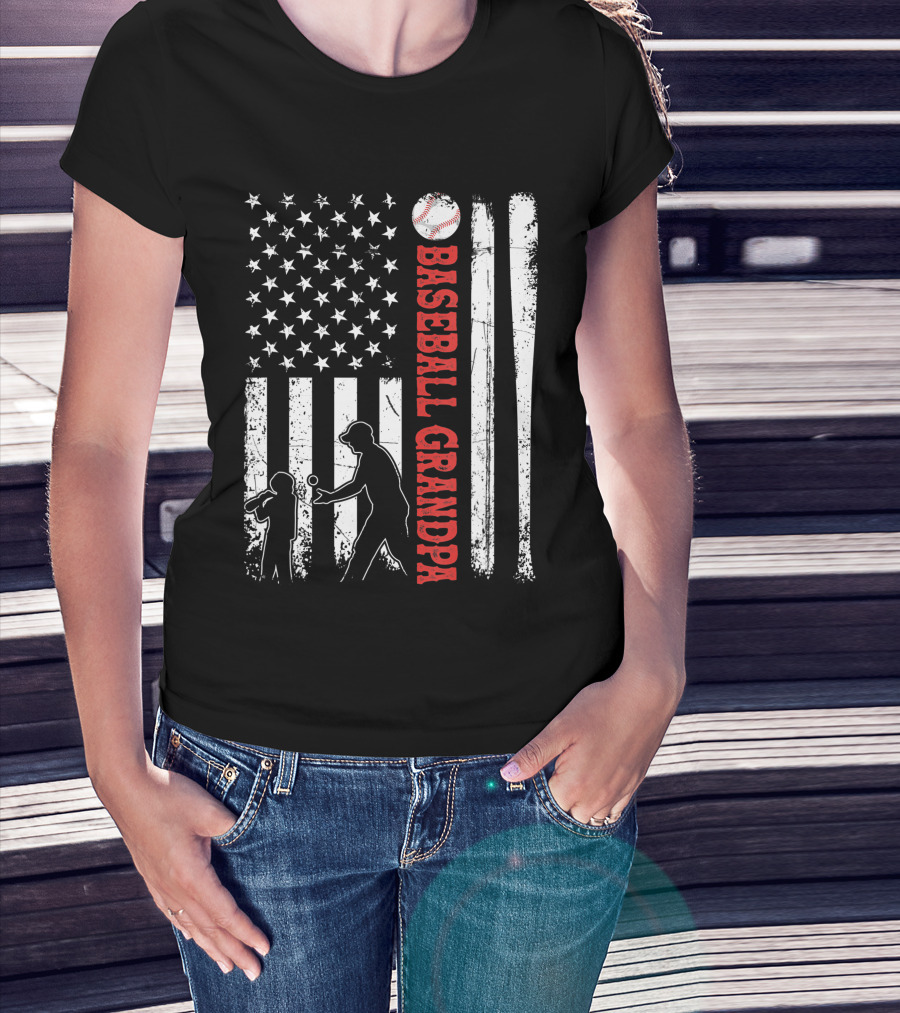 Distressed USA American Flag Baseball Grandpa Silhouette With Bats And Ball T-Shirt