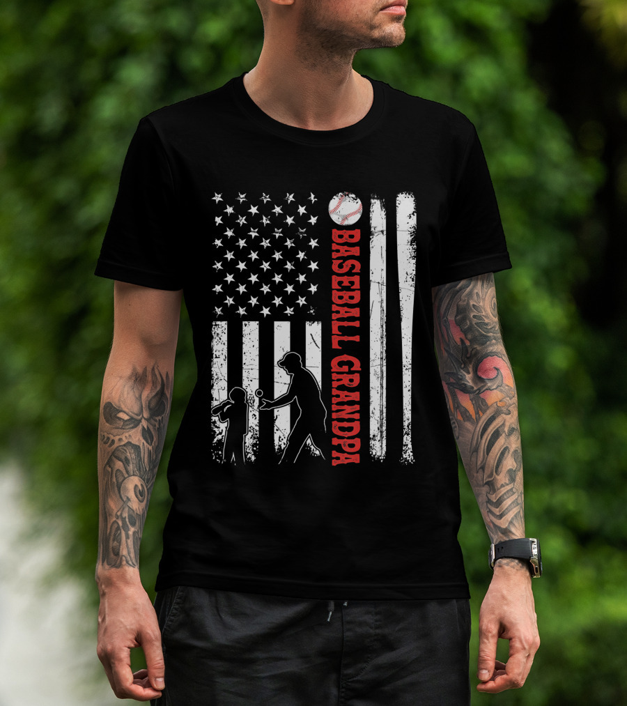 Distressed USA American Flag Baseball Grandpa Silhouette With Bats And Ball T-Shirt