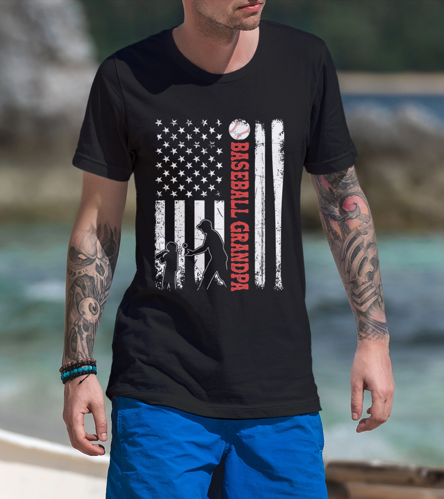 Distressed USA American Flag Baseball Grandpa Silhouette With Bats And Ball T-Shirt