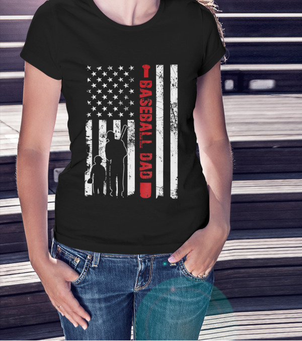 Proud Baseball Dad American Flag Sports T-Shirt
