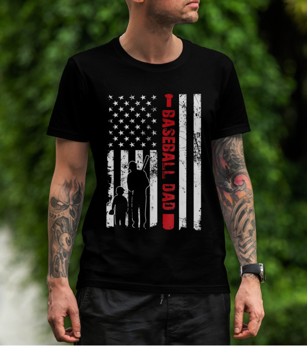 Proud Baseball Dad American Flag Sports T-Shirt