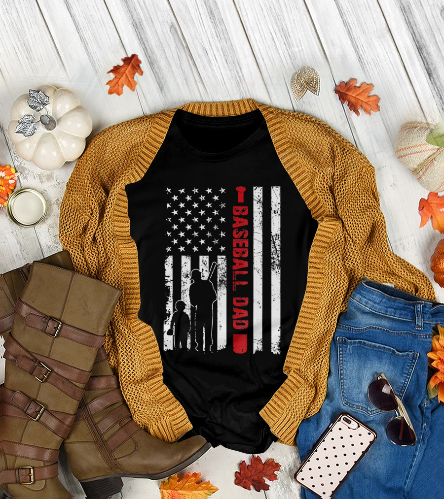 Proud Baseball Dad American Flag Sports T-Shirt