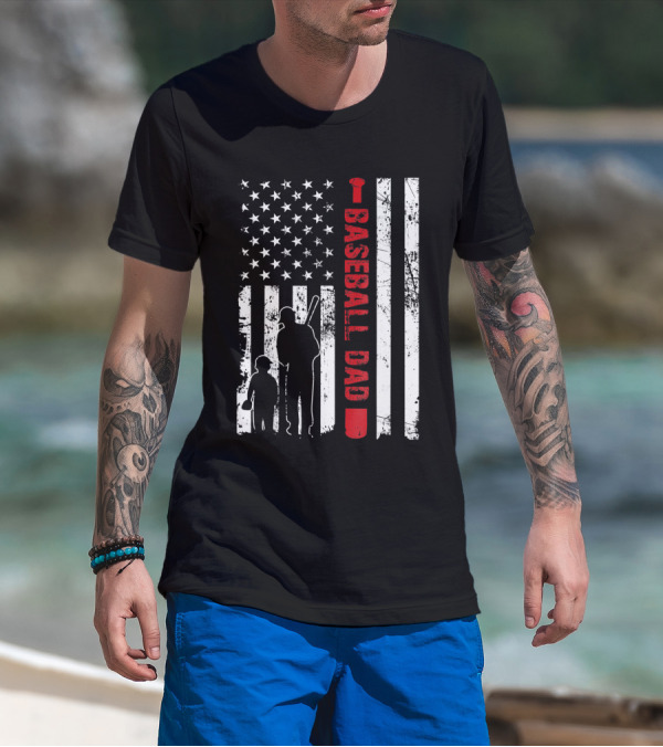 Proud Baseball Dad American Flag Sports T-Shirt