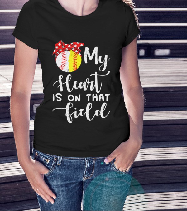 My Heart Is On That Field Baseball Softball Red Polka Dot Bow T-Shirt