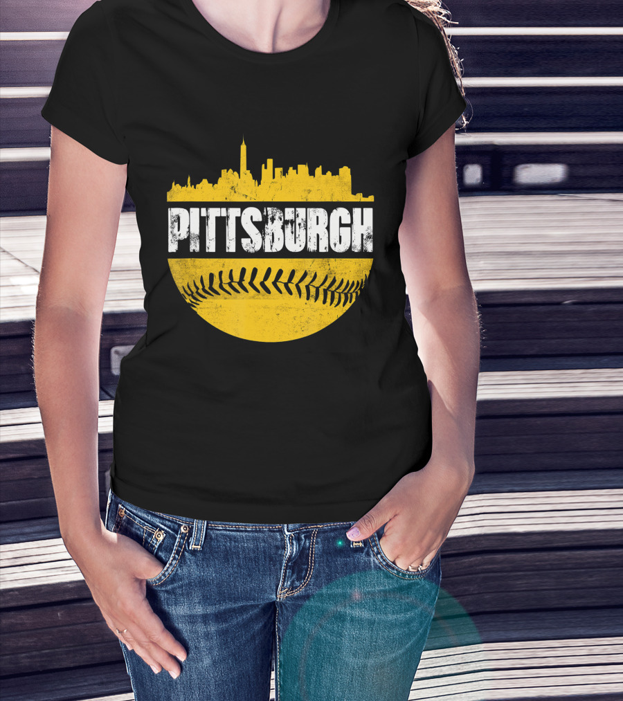 Pittsburgh Baseball Cityscape Distressed Look With Baseball Stitching T-Shirt