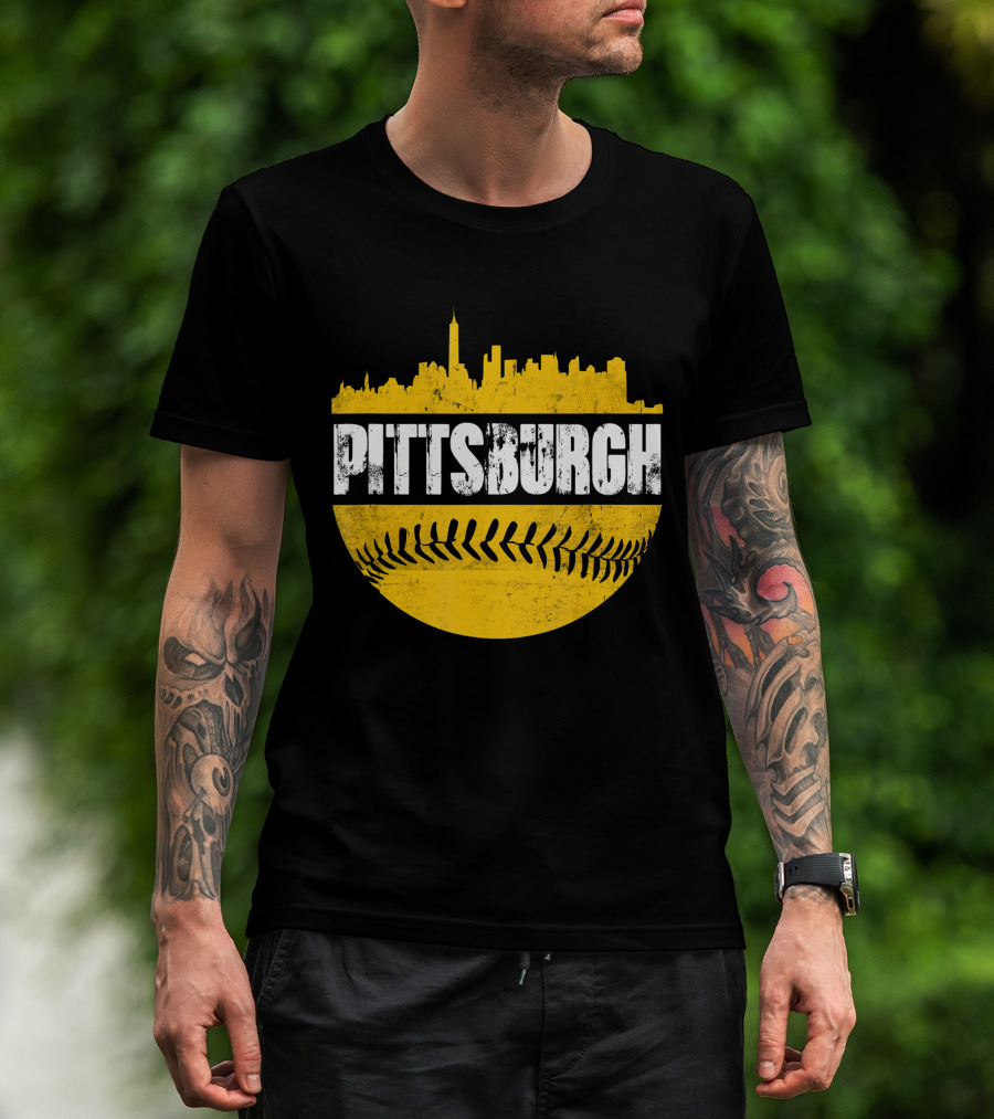 Pittsburgh Baseball Cityscape Distressed Look With Baseball Stitching T-Shirt