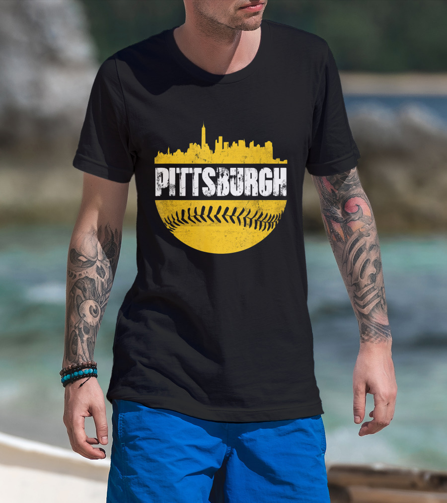 Pittsburgh Baseball Cityscape Distressed Look With Baseball Stitching T-Shirt