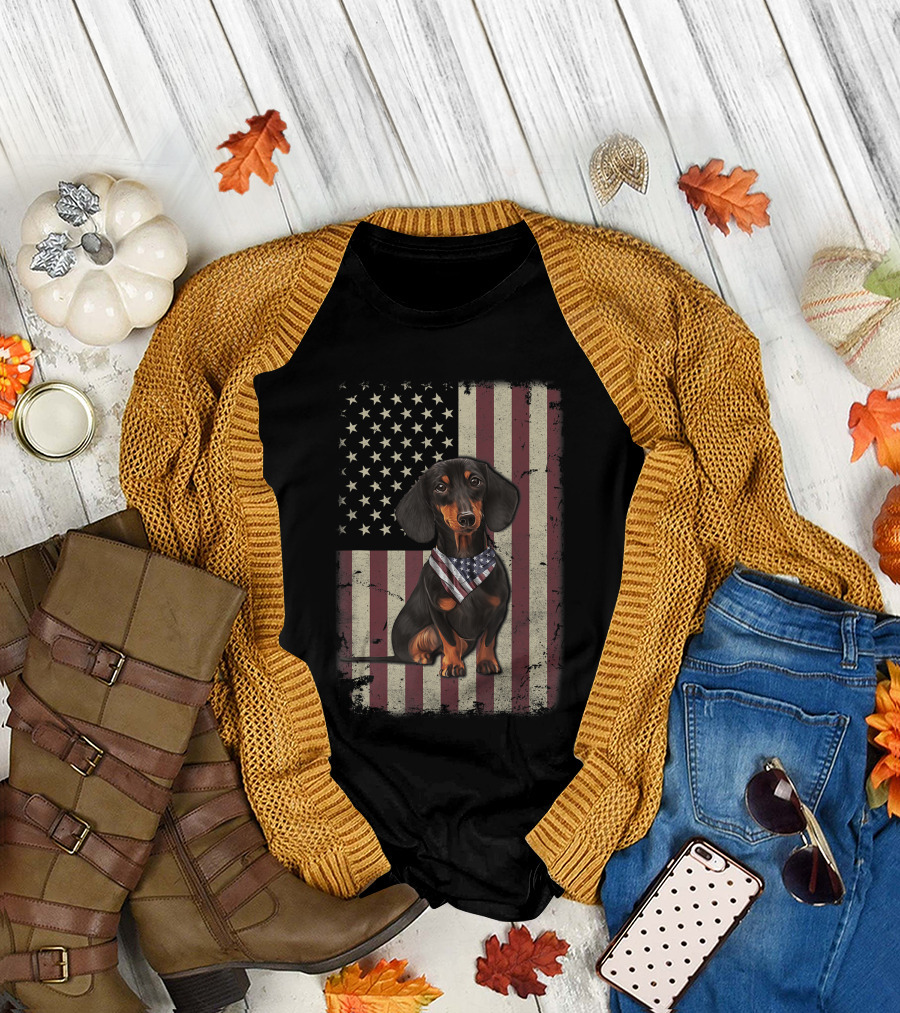 Dachshund with American Flag Bandana Celebrating 4th of July on Vintage Flag Background T-Shirt