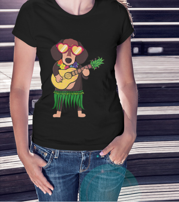 Dachshund Hawaiian Ukulele Player In Summer Costume With Sunglasses T-Shirt