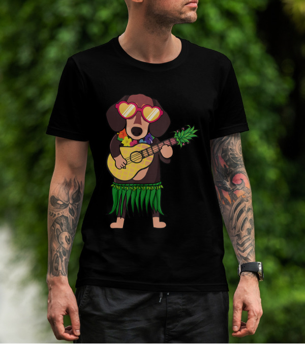 Dachshund Hawaiian Ukulele Player In Summer Costume With Sunglasses T-Shirt