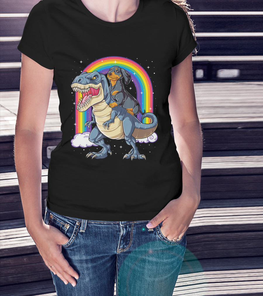 Dachshund Riding Dinosaur Rex T-Shirt