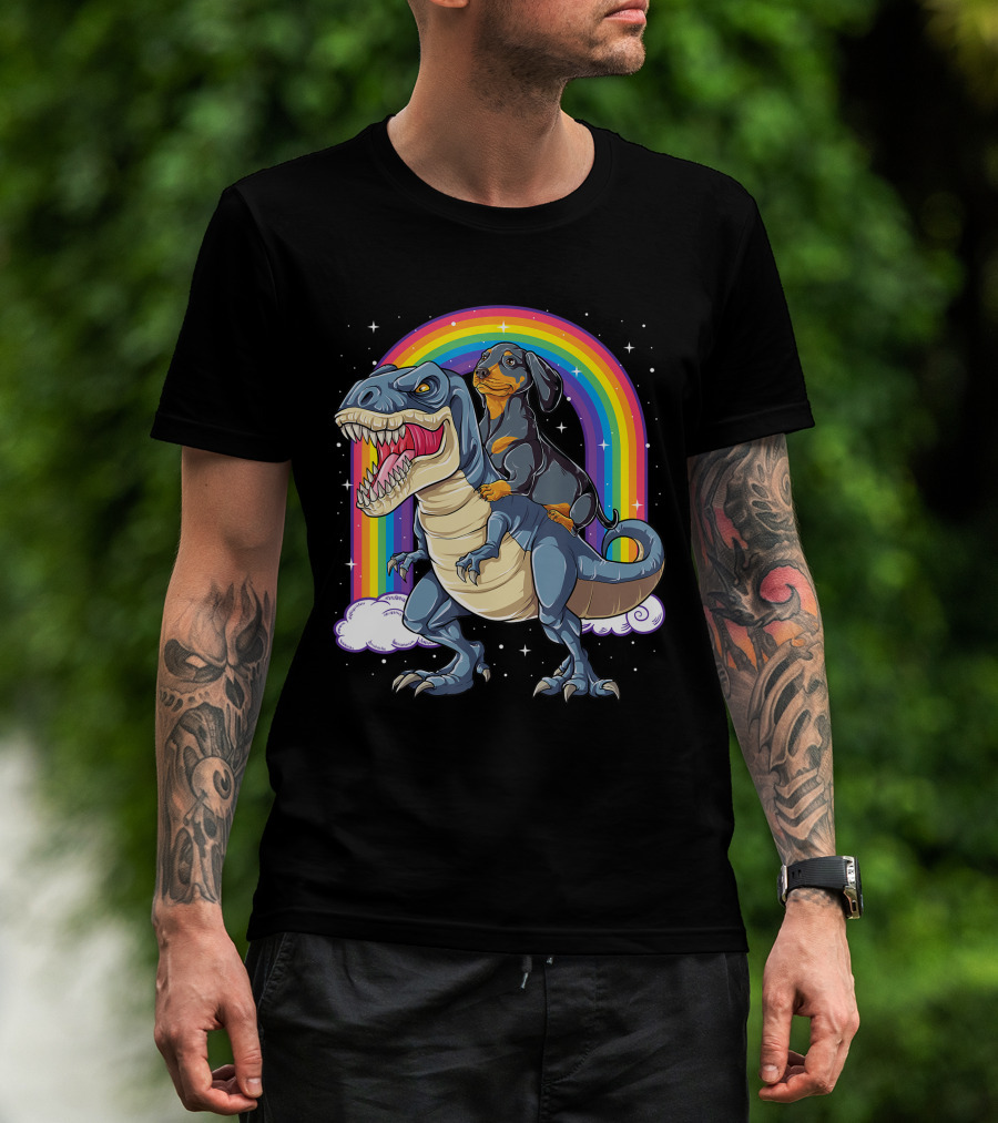 Dachshund Riding Dinosaur Rex T-Shirt
