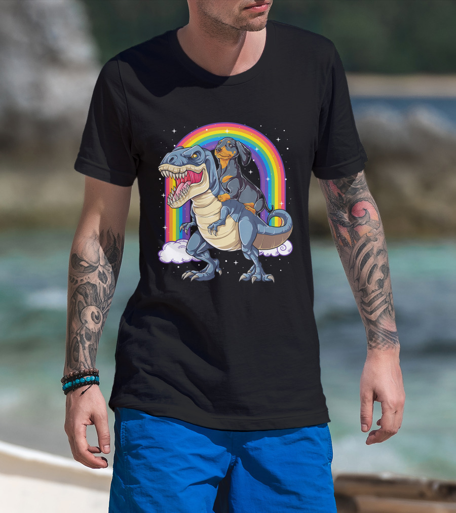 Dachshund Riding Dinosaur Rex T-Shirt