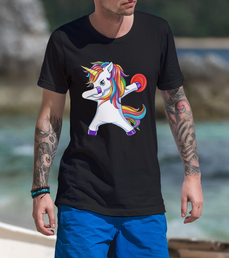 Unicorn Dabbing With Rainbow Mane Playing Disc Golf T-Shirt