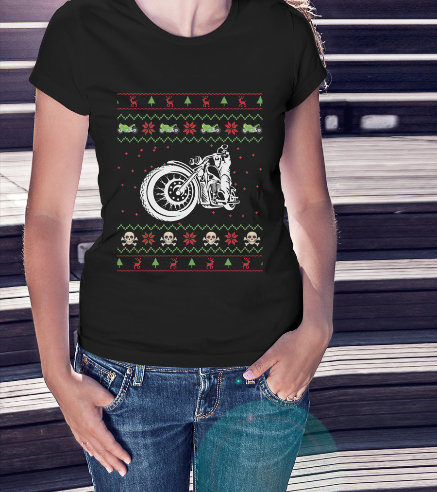 Motorbike Ugly Christmas Sweater Skulls And Reindeer T-Shirt