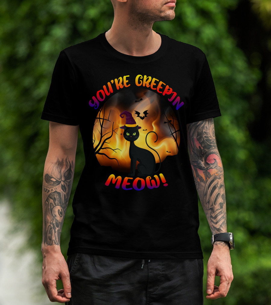 You’re Creepin Meow Halloween Cat Bat Scene T-Shirt