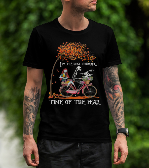 It's The Most Wonderful Time Of The Year Jack And Sally Bike Autumn Leaves T-Shirt