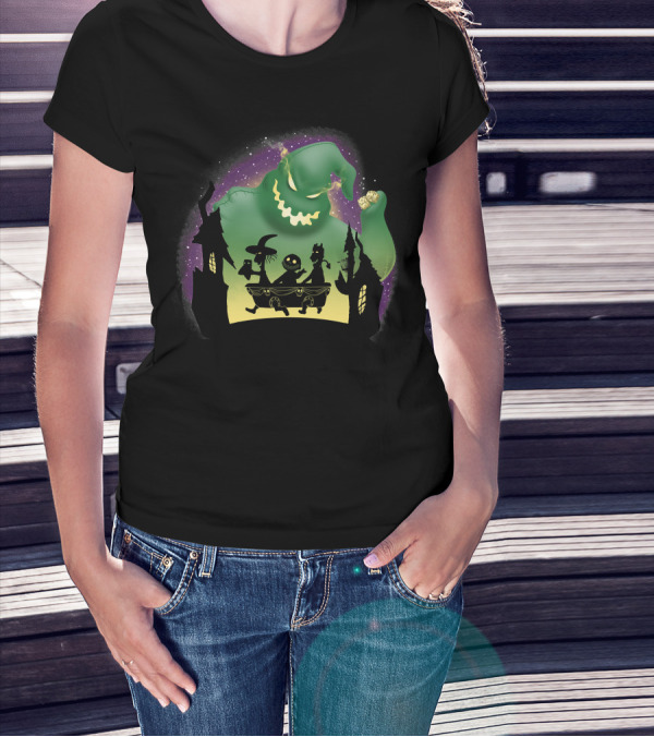 Boogie Lock Shock And Barrel Silhouette Against Green Monster And Haunted House Background T-Shirt