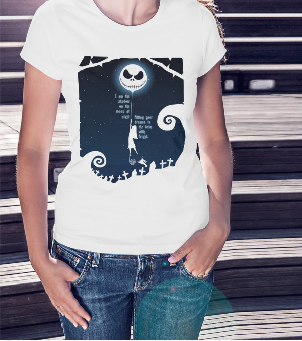 Jack Skellington Sally Zero Shadow On The Moon At Night Filling Your Dreams With Fright T-Shirt