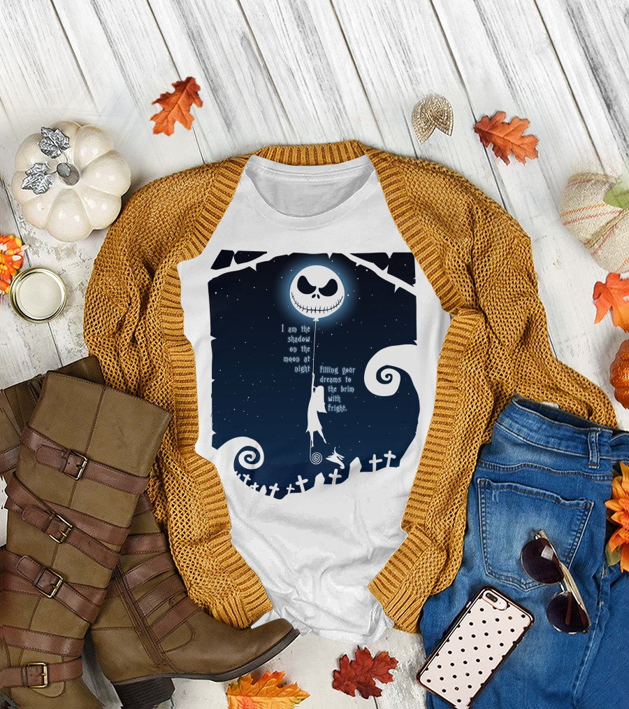 Jack Skellington Sally Zero Shadow on the Moon at Night Filling Your Dreams with Fright T-Shirt