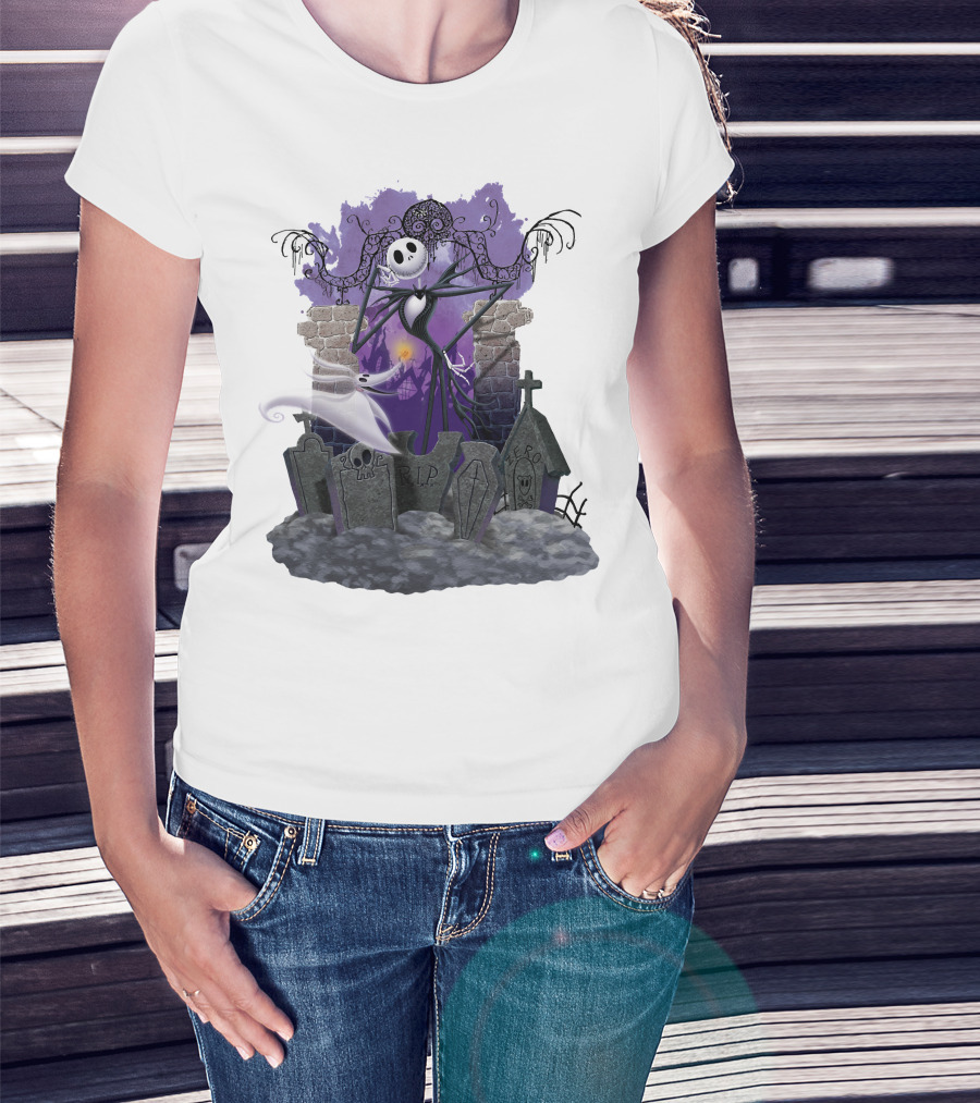 Jack Skellington Zero RIP Graveyard Scene With Ghostly Dog And Gothic Elements T-Shirt