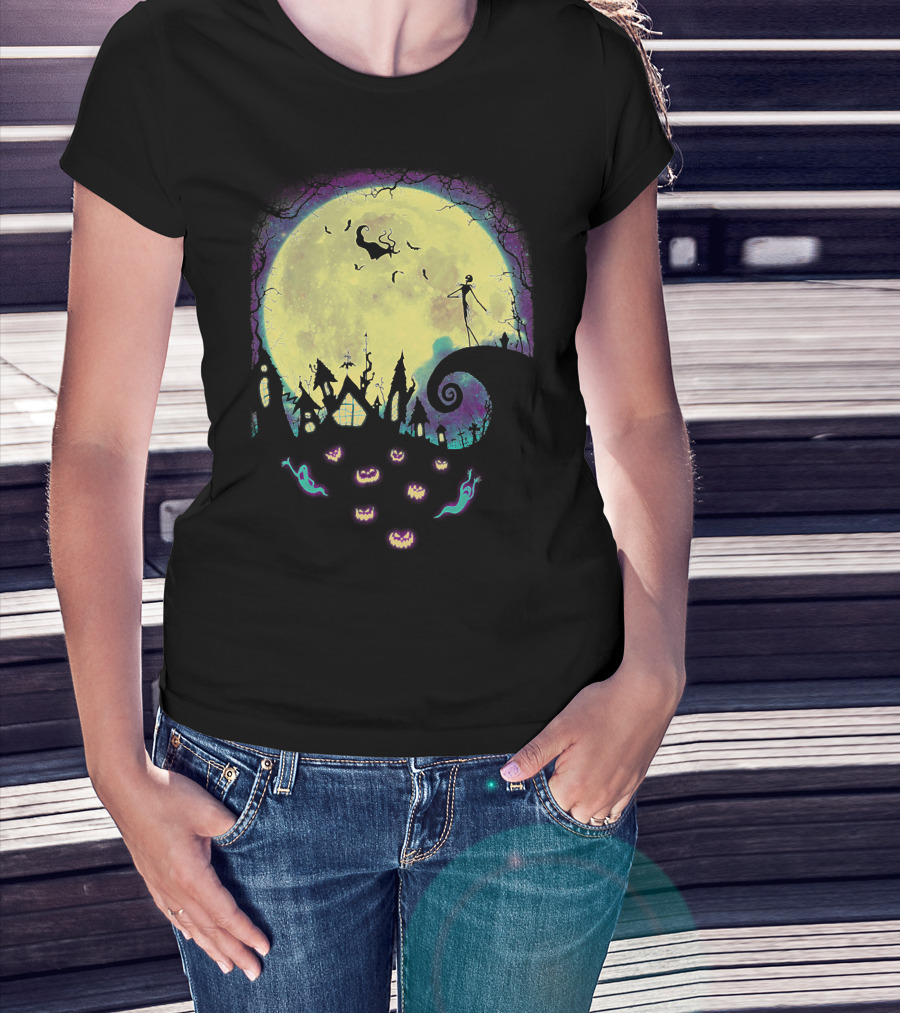 Jack Zero Moonlit Halloween Scene With Ghostly Pumpkins T-Shirt