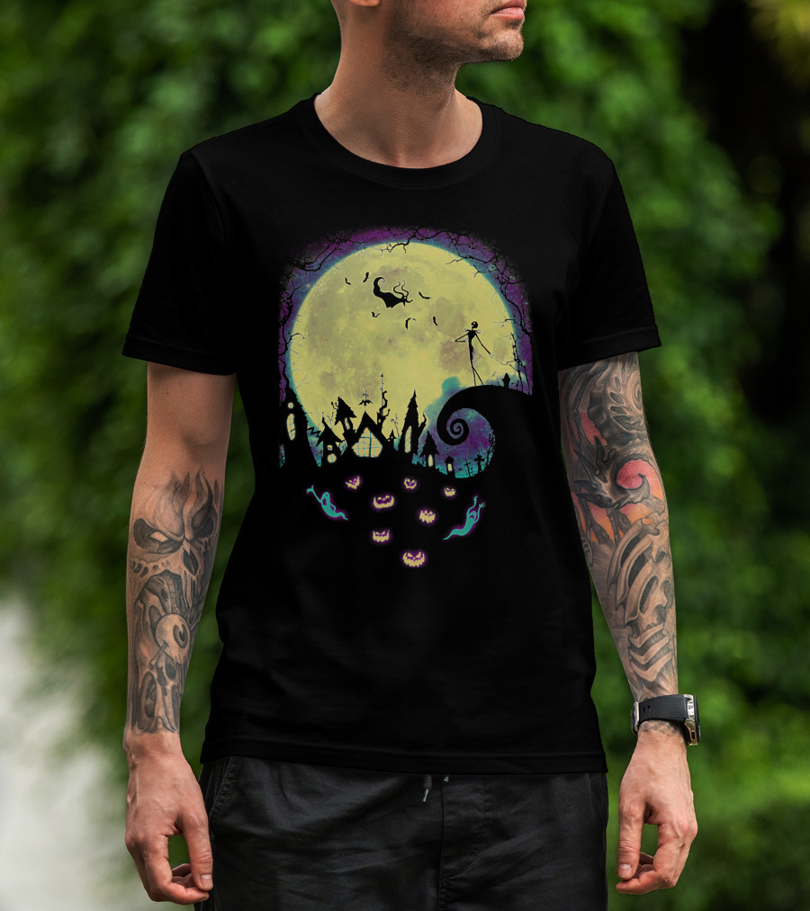 Jack Zero Moonlit Halloween Scene With Ghostly Pumpkins T-Shirt