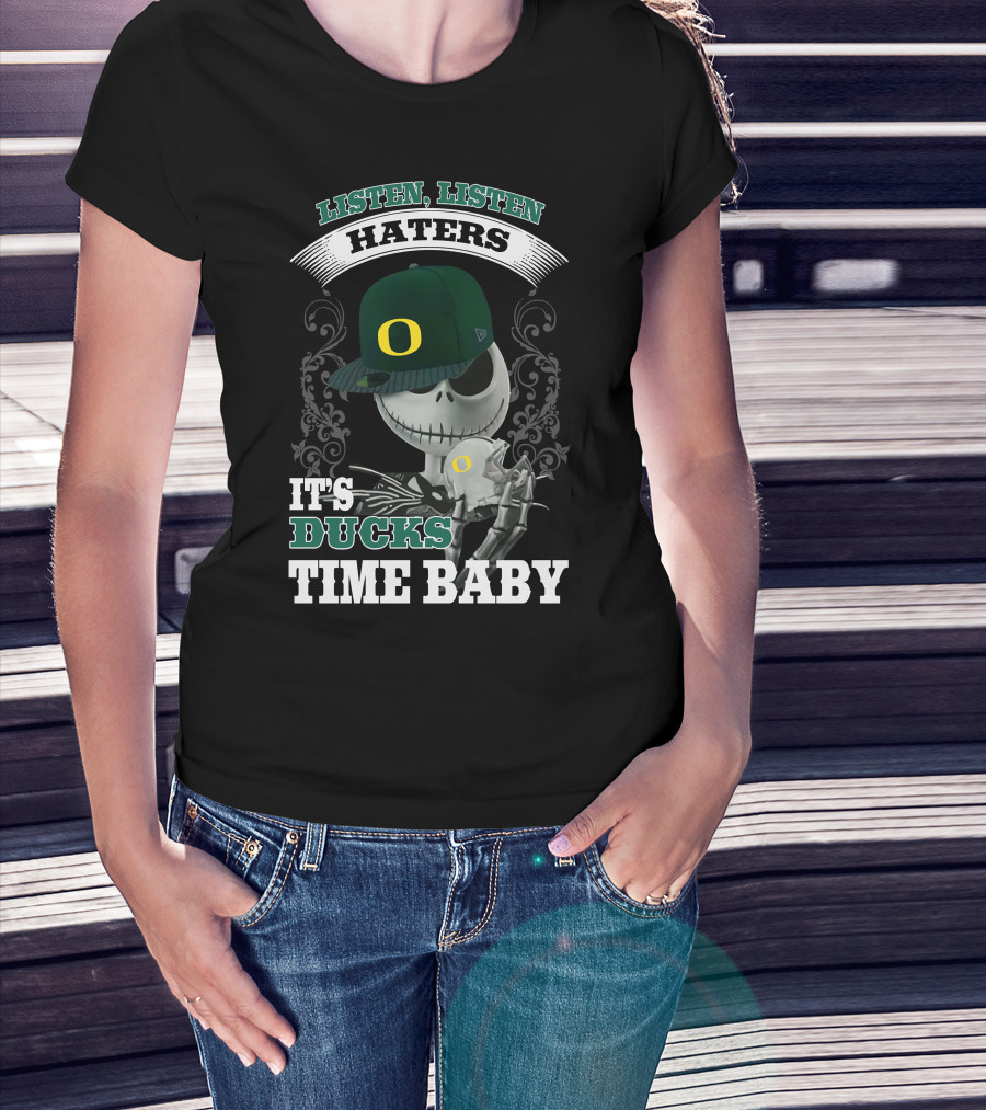Listen Haters It's Ducks Time Baby Skeleton Wearing Green Baseball Cap With O T-Shirt