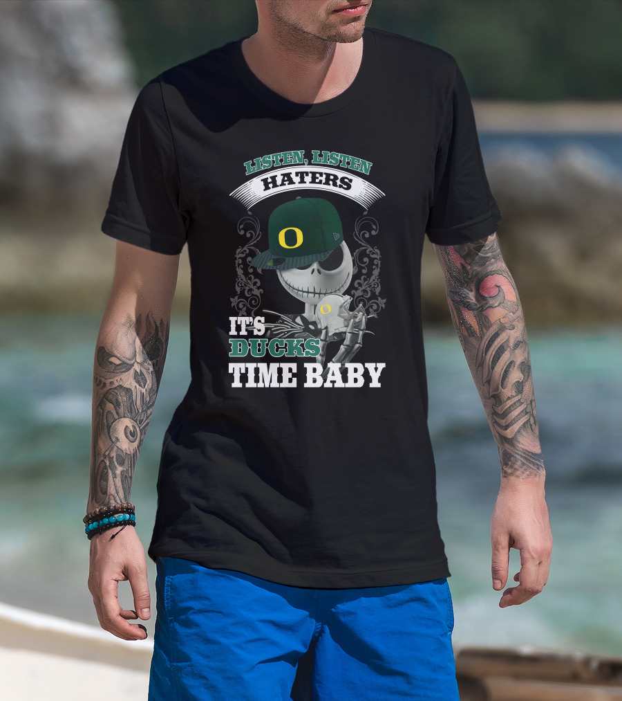 Listen Haters It's Ducks Time Baby Skeleton Wearing Green Baseball Cap With O T-Shirt
