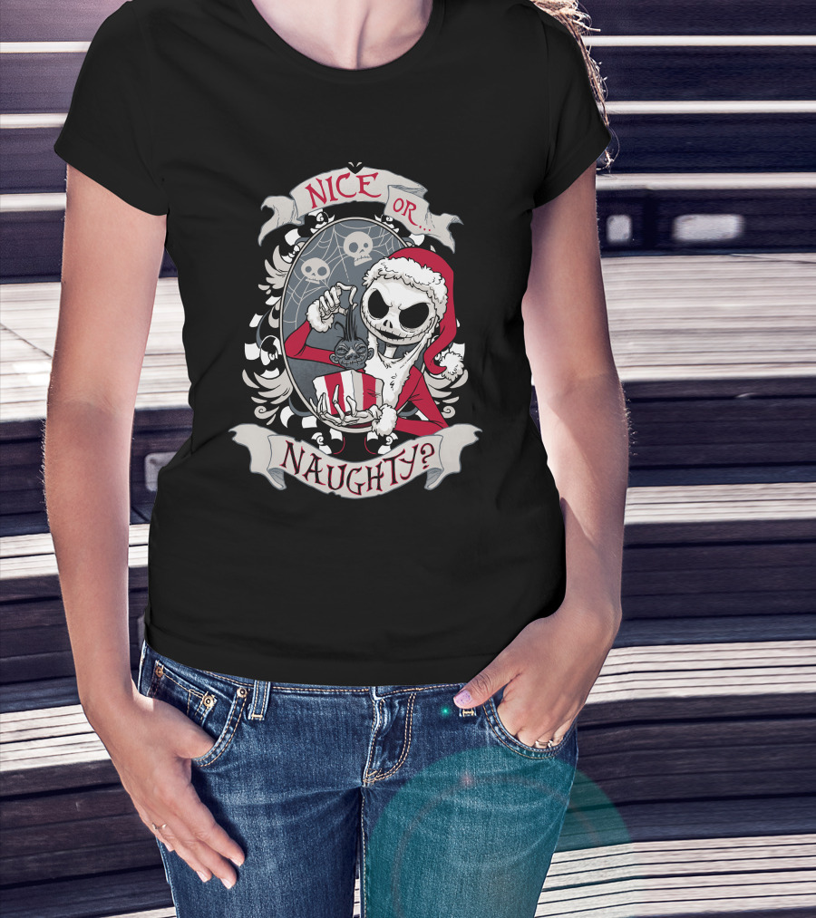 Nice Or Naughty Santa Skeleton With Skull Background T-Shirt