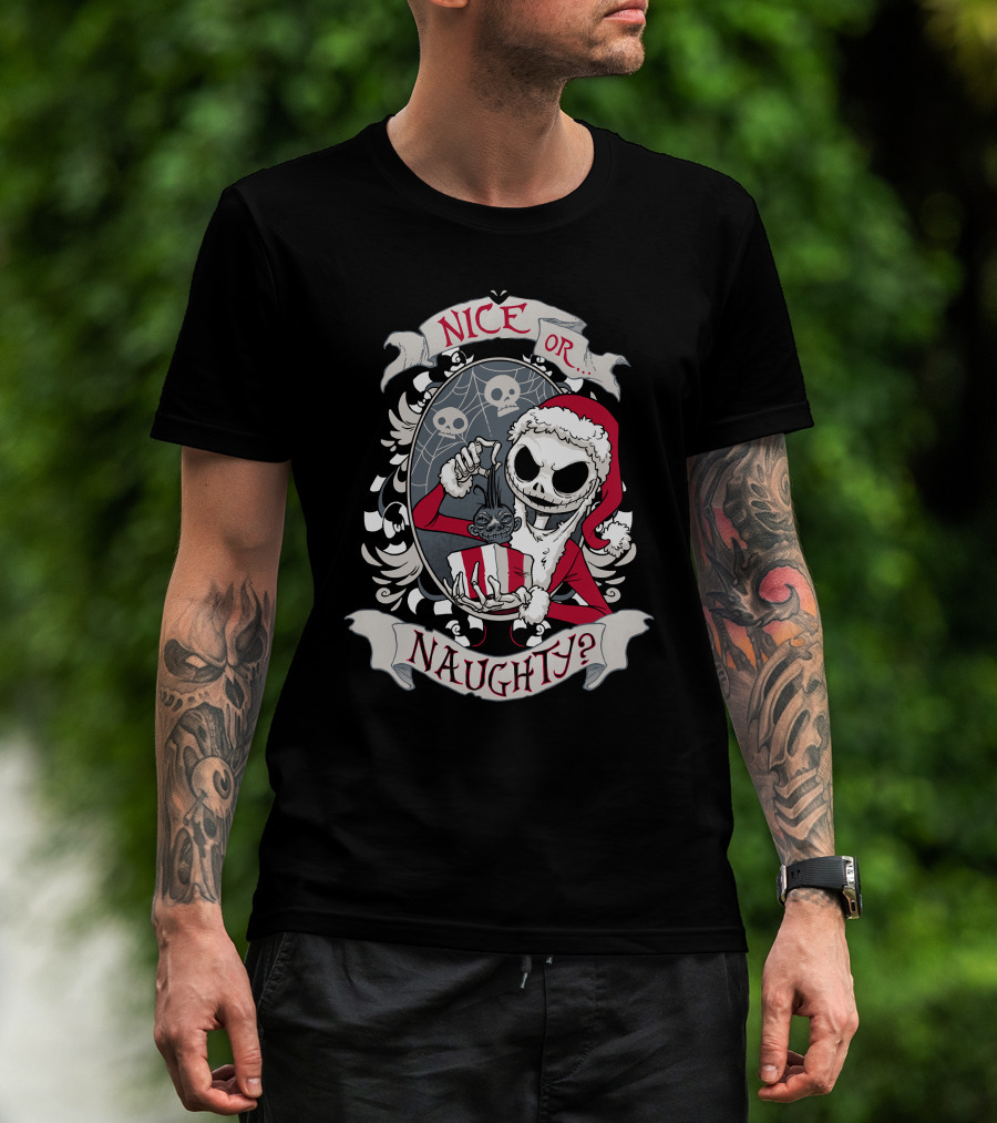 Nice Or Naughty Santa Skeleton With Skull Background T-Shirt