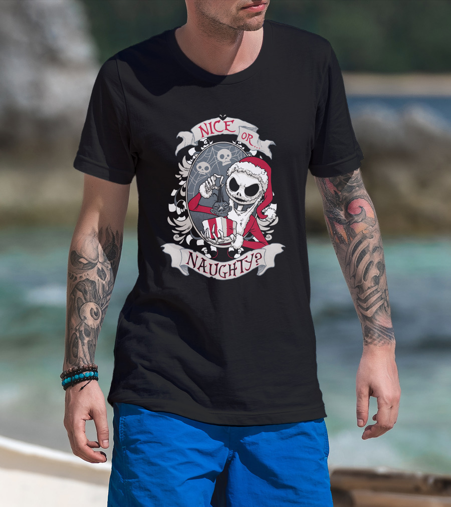 Nice Or Naughty Santa Skeleton With Skull Background T-Shirt