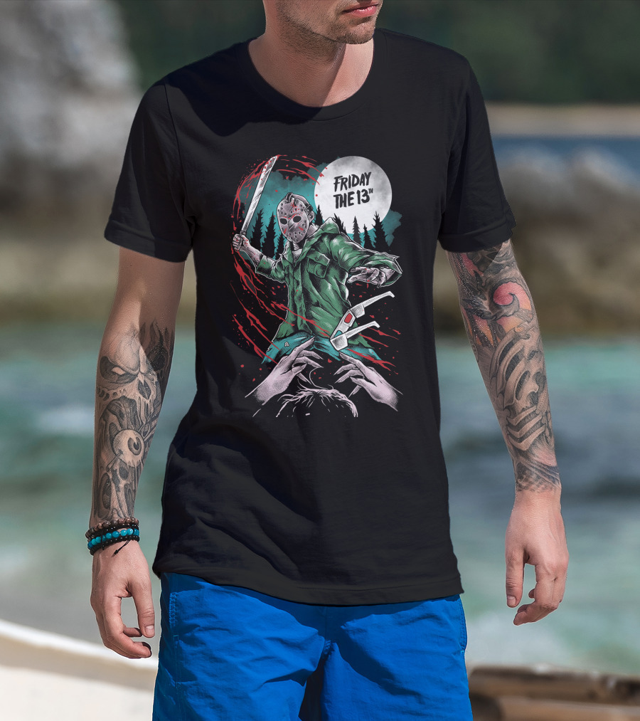 Friday The 13th Jason Vorhees Mask And Machete Horror Scene T-Shirt
