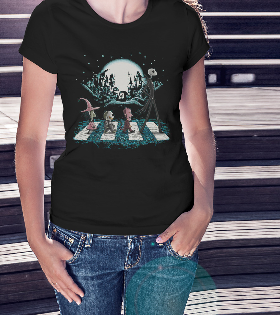 The Nightmare Before Christmas Jack Skellington Lock Shock Barrel Abbey Road Scene T-Shirt
