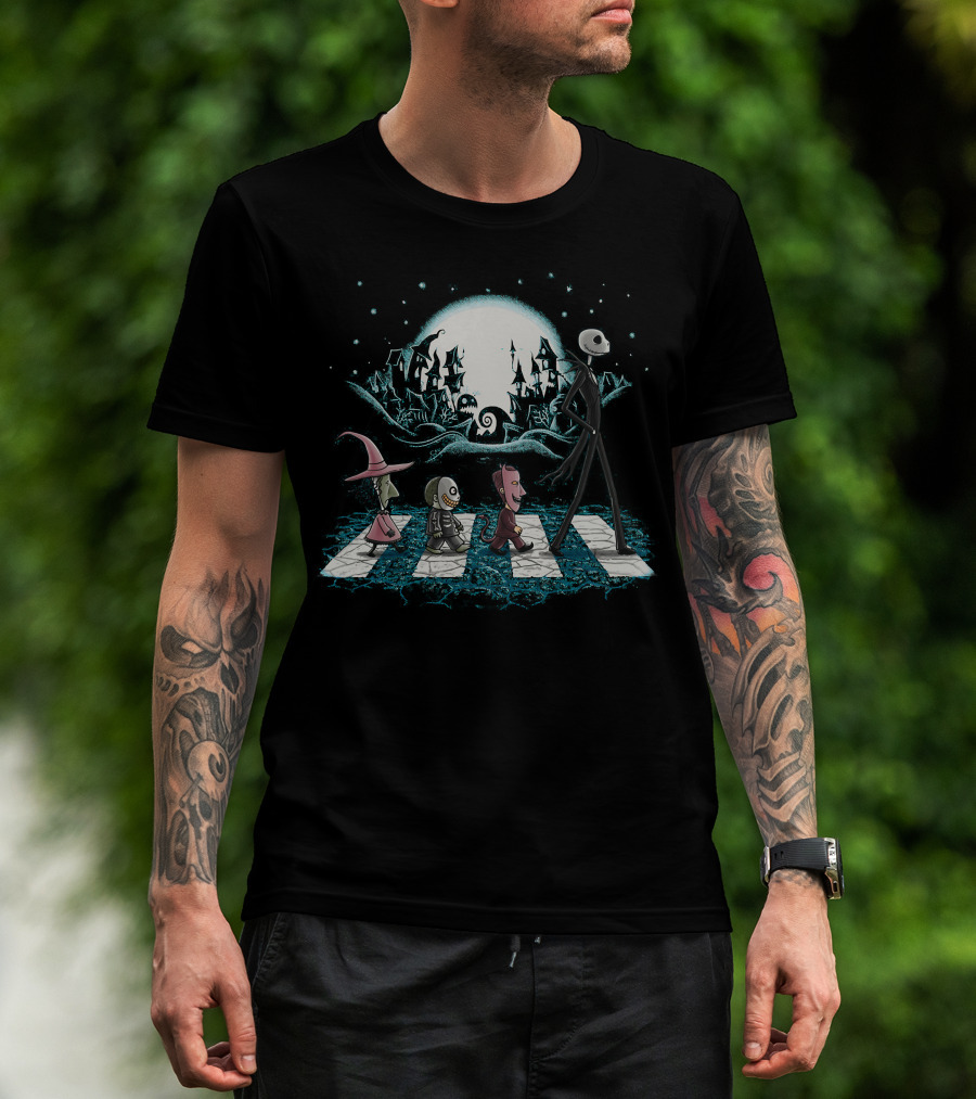 The Nightmare Before Christmas Jack Skellington Lock Shock Barrel Abbey Road Scene T-Shirt